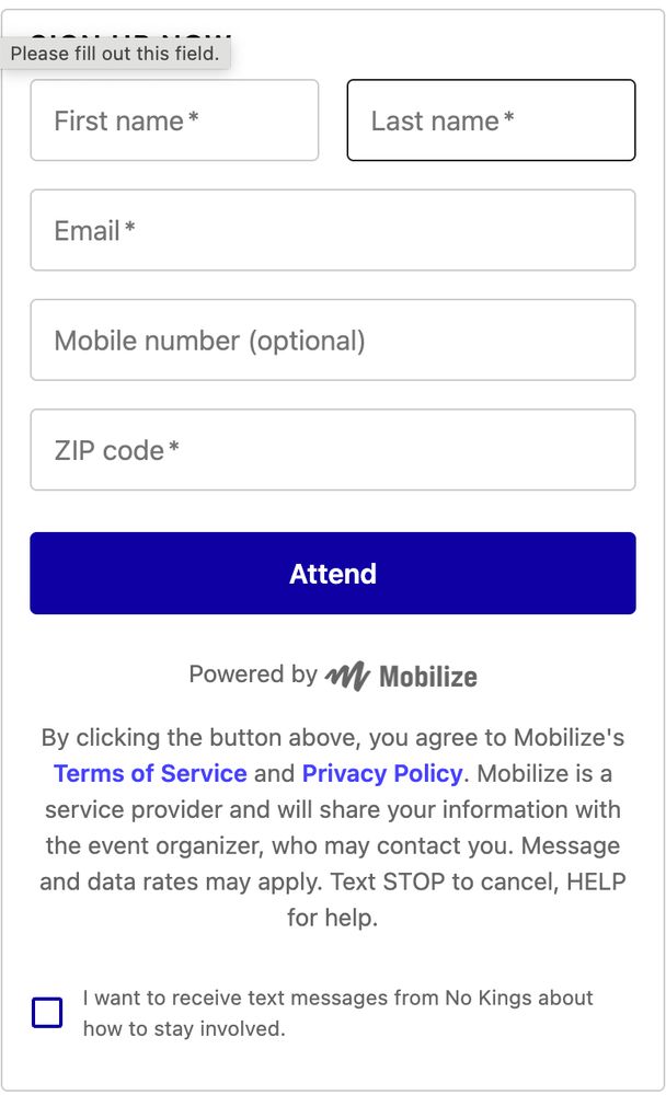 Image of the "attend" info on the Indivisible website, asking for first/last + email + zip (required) and mobile number.