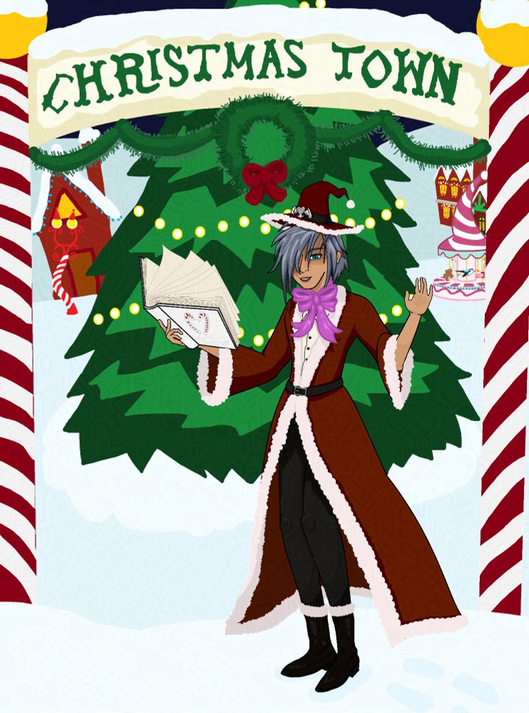 Pixel art of Ienzo from Kingdom Hearts, standing in front of the entrance to Christmas Town from the Nightmare Before Christmas movie. He is dressed in a wizard coat and hat, but both have been changed to a burgundy color with white fur lining akin to Santa Claus. The hat has a pompom at the end. The symbol for Radiant Garden serves as a silver buckle on the hat, adjoined with a pair of angel wings on each side. He is wearing a large purple ribbon tied in a bow around his neck. His signature Lexicon is now white, with candy canes forming a heart on the cover, of what has become an Anthology of Christmas Fables and Carols. Merry Christmas is below the heart on the cover. Behind him and the welcome sign to christmas town atop two poles is a giant christmas tree, adorned with string lights. In the background there are fanciful lamp posts, a generic gingerbread style house, a ferris wheel full of winter animals, and behind that Santa's workshop. Ienzo is smiling, and waving to the viewer welcomingly.