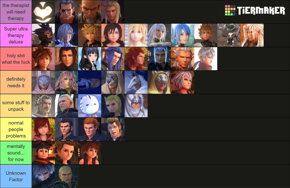 A tierlist using tiermaker. The top row is titled "The therapist will need therapy", and in order is the Master of Masters depicted by his hands held up to the moon in a heart shape, Xigbar AKA Luxu, Master Xehanort, and Vexen AKA Even. The second row is titled "Super ultra therapy deluxe", and lists Vantias, Ienzo, Roxas, Xion, Namine, the Riku Replica, Aqua, Ventus, Brain, and Xemnas. The third row is "Holy shit what the fuck", with Sora, Terra, Skuld, Saix AKA Isa, Axel AKA Lea, young Xehanort, Ansem Seeker of Darkness, and Ephemer. The fourth row is "Definitely needs it", with Ava, Marluxia AKA Lauriam, Strelitzia who is lying dead on the ground, Aced, Ira, Gula and Riku. The fourth row is "Some stuff to unpack" with Eraqus, Ansem the Wise, Chirithy, Larxene AKA Elrena, and Invi. The fourth row is "Normal people problems" with Kairi, Xaldin AKA Dilan, Lexaeus AKA Aeleus, and Demyx. The only three characters under "Mentally sound... for now" are Hayner, Pence and Olette. There is one final category called "Unknown Factor" with Yozora and Luxord.