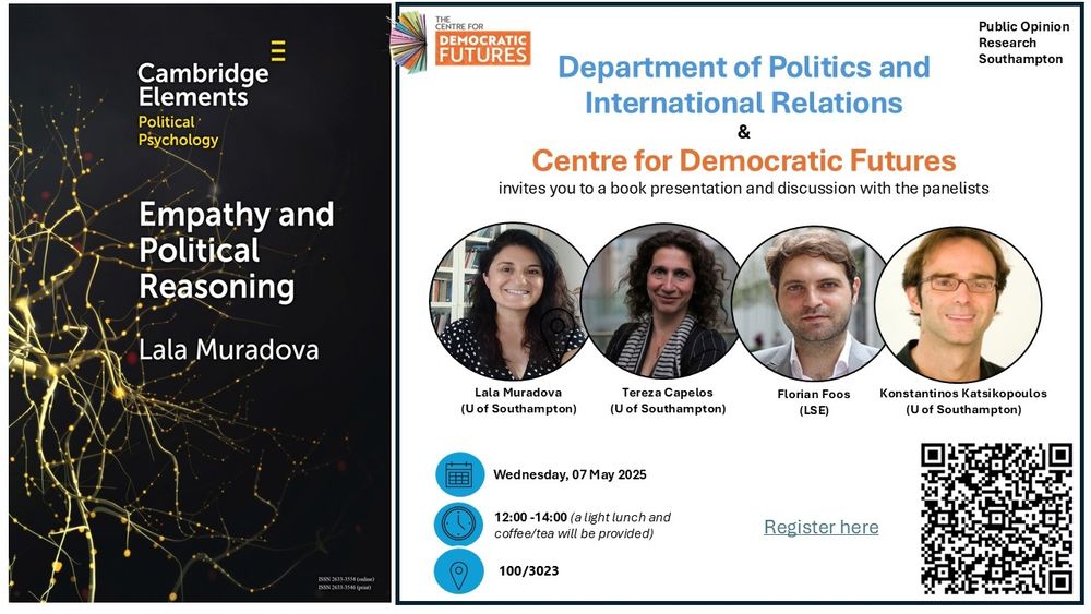 On the left is the book cover for Empathy and Political Reasoning. On the right is headshots of Lala Muradova and the three discussants and date and time of the event.