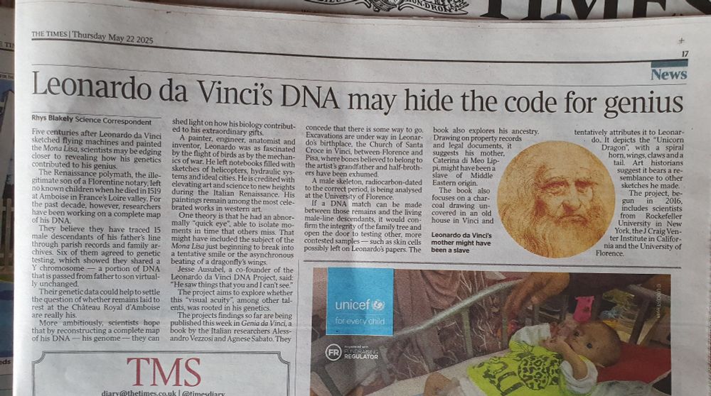 Article in The Times: "Leonardo da Vinci's DNA may hide the code for genius."
Available online here: https://www.thetimes.com/uk/science/article/leonardo-da-vinci-dna-tests-explained-8rcm8kwh7