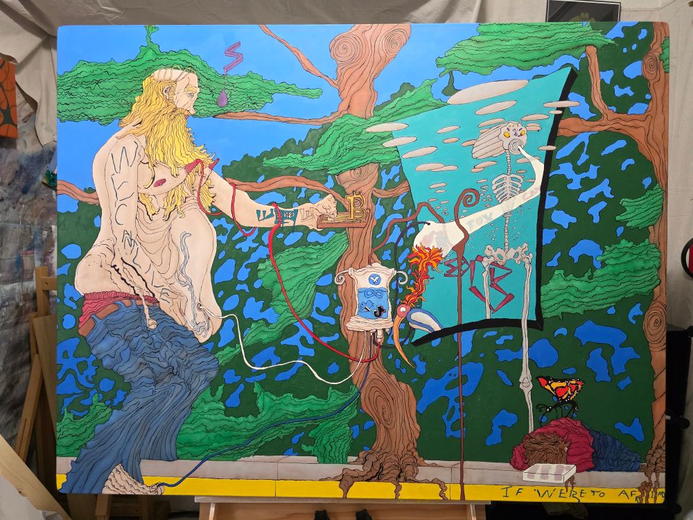 This image is a vibrant, surreal painting featuring a large, stylized figure with long blonde hair and an exaggerated, textured torso, standing on the left. This figure appears to be interacting with or feeding something into a complex, interconnected system centered around a tree.
​From the tree, wires and tubes extend to a suspended, rectangular screen or portal on the right, which displays a skeletal figure reaching towards a floating brain or head. Below this screen, a small, intricate device with gears and a clock-like face is connected to the system.
​In the foreground on the bottom right, a figure with red clothing is lying down, with a butterfly perched nearby. The entire scene is set against a backdrop of lush green foliage and a bright blue sky. There are runes or symbols visible on various elements, adding to its mysterious, mythological, or perhaps esoteric theme. The overall impression is one of intricate digital or biological connections, creation, and an exploration of consciousness or altered states.