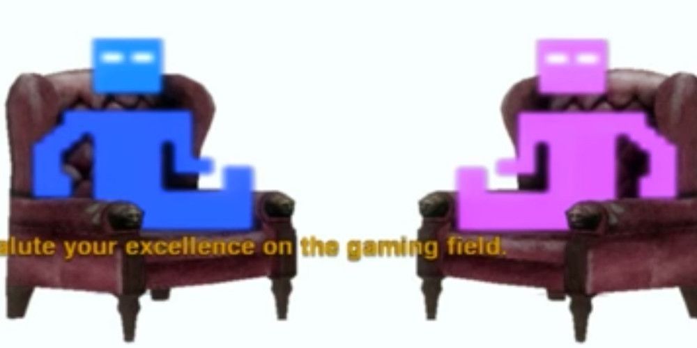 Capture du jeu Matrix Path of Neo où, juste avant le combat du boss final, on a une intervention des Wachowski (représentées sous forme de silhouette pixelisées monochromes dans un decors blanc avec 2 fauteuils en cuir) qui expliquent leur choix de diverger des films dont le jeu est issu 