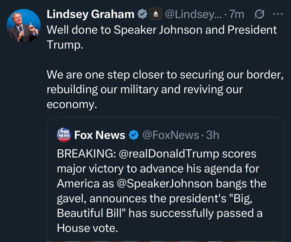 Tweet from Lindsey Graham: Well done to Speaker Johnson and President Trump. 

We are one step closer to securing our border, rebuilding our military and reviving our economy.