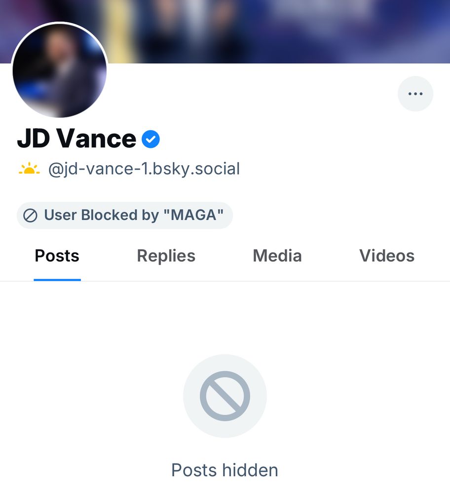 Screenshot of the Vice Presidents Bluesky account, blocked by my MAGA list!