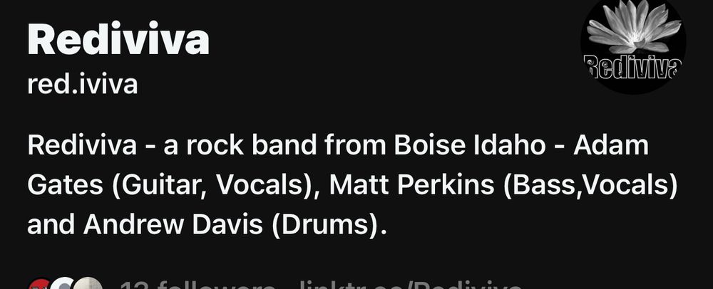 Rediviva red.iviva Rediviva Rediviva - a rock band from Boise Idaho - Adam Gates (Guitar, Vocals), Matt Perkins (Bass, Vocals) and Andrew Davis (Drums).