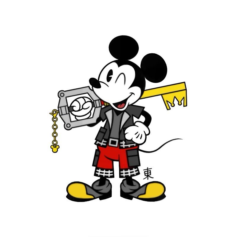 King Mickey in his Kingdom Hearts III outfit shouldering his Keyblade.