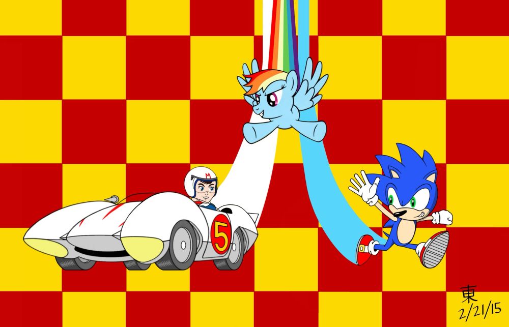 Speed Racer, Rainbow Dash, and Sonic having a friendly race.