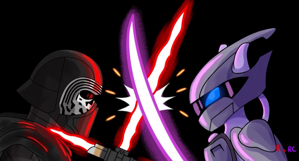 Kylo Ren crossing blades with Armored Mewtwo.