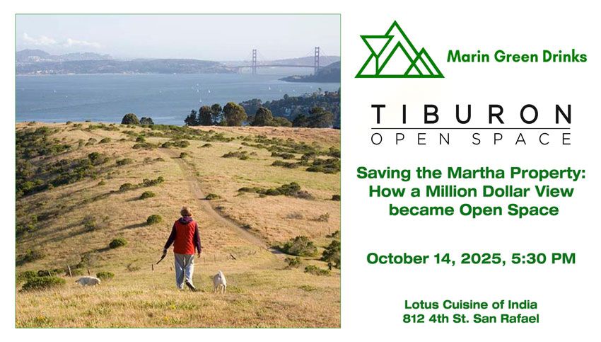 A woman walking her dog on Tiburon Open Space with a view of the Golden Gate Bridge. Logos and texts. 