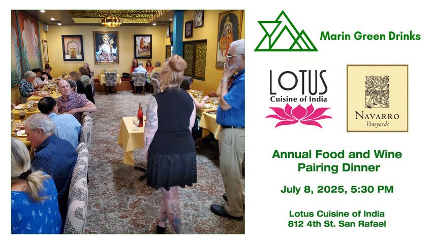 Marin Green Drinks - July - Annual Food and Wine Pairing Dinner - A crowd in a restaurant, logos, and texts. 