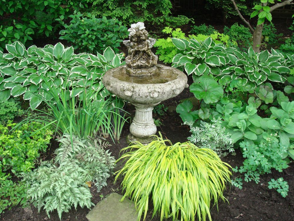 A stone fountain sits amidst different shades of green hostas, ferns and grasses