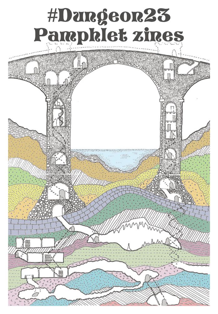 Black and white line drawing of a section through a bridge with numerous chambers inside it and extending into the layers of rock below. Different strata are identified with different colors and hatching patterns.