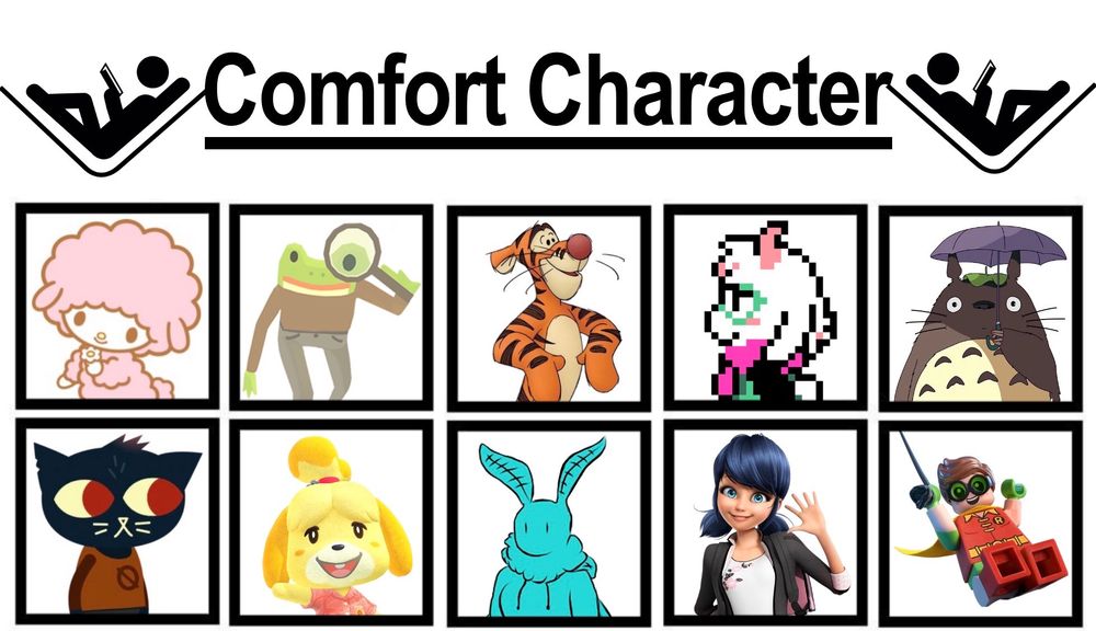 A template titled Comfort Characters with characters presented left to right, top to bottom- My Sweet Piano, Frog Detective, Tigger, Ralsei, Totoro, Mae Boroswki, Isabelle the Shih Tzu, Natalie the moth, Marinette Dupain-Cheng, and Lego Batman Movie Robin