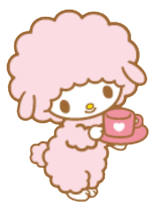 2D png of My Sweet Piano (light pink cartoony sheep) facing slightly to the right, holding a pink saucer and tea cup with a white heart on it