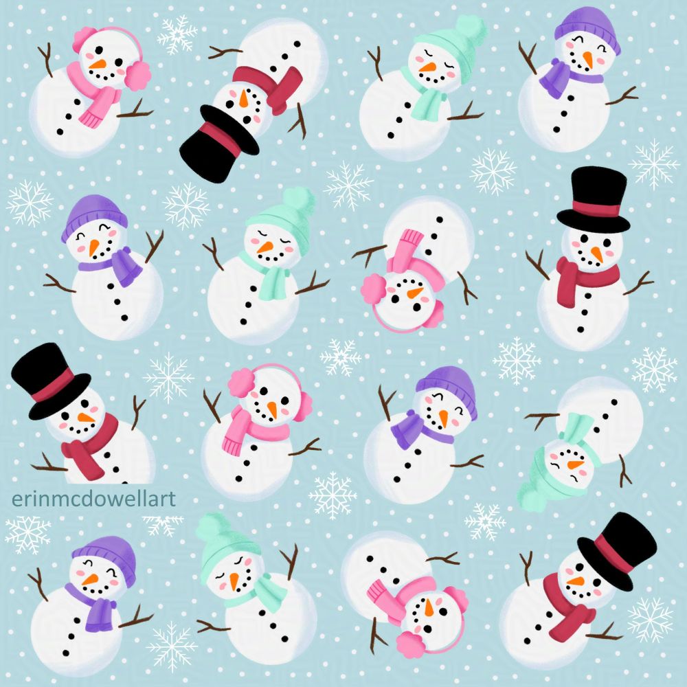 repeating pattern of snow people wearing scarves, hats and earmuffs with snowflakes on a light blue background
