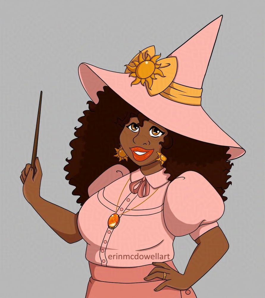 Art of a black witch wearing a pink outfit and matching hat