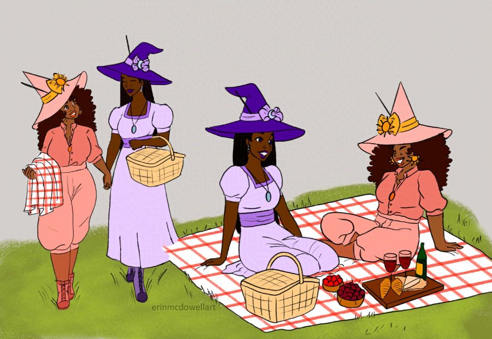 Left- two black witches walking holding hands

Right- same couple enjoying a picnic