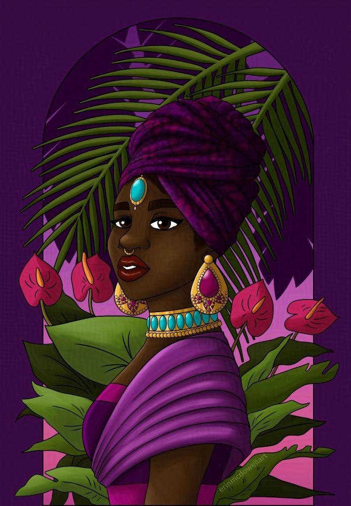 black queen wearing purple outfit and gold jewelry and head wrap with a purple and pink background