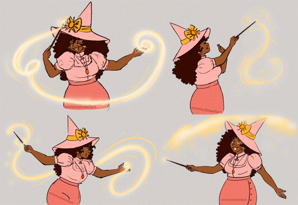 Various poses of witch casting magic