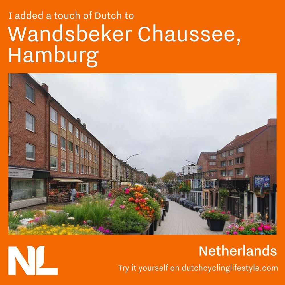 Wandsbeker Chaussee, Hamburg, with ai generated flowerbeds and a pedestrian walkway instead of 6 lanes