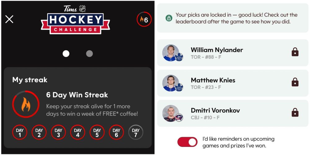 2 cropped screenshots of @AngelaBrittany's Tim Horton's Hockey Challenge picks. The picture on the left shows she has a 6 win streak. The picture on the right shows her picks, Nylander, Kines and Voronkov.