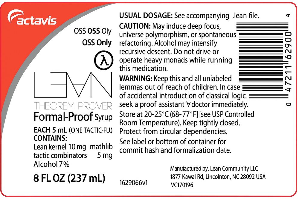 A parody pharmaceutical label styled like prescription cough syrup, featuring an orange arc header, barcode, and black text on a white background. The main title reads "LEAN THEOREM PROVER," referencing the Lean formal proof system. Additional text mimics dosage and warning instructions with programming-themed humor, alongside ingredients like “Lean kernel” and “tactic combinators.”