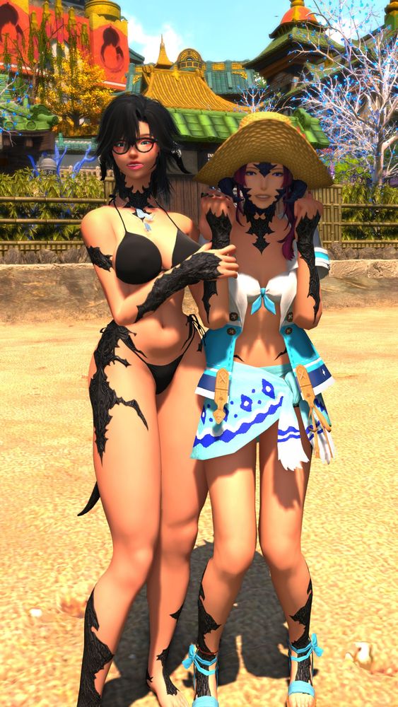 A small Au Ra woman with black scales and raven hair is wearing a black bikini while holding onto another Xaela woman, both smiling at you.