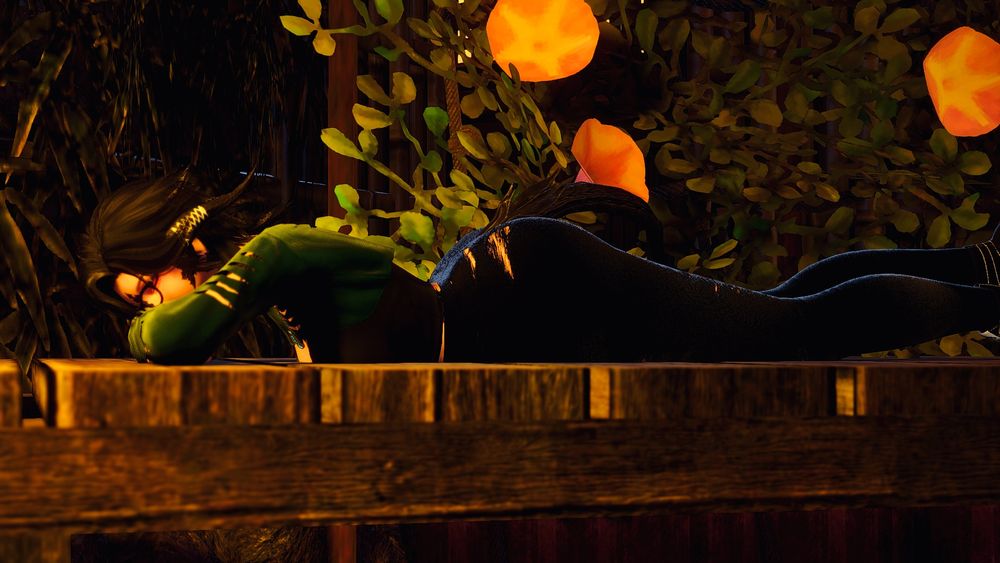 A small Au Ra woman with black scales is dozing off on the bench.