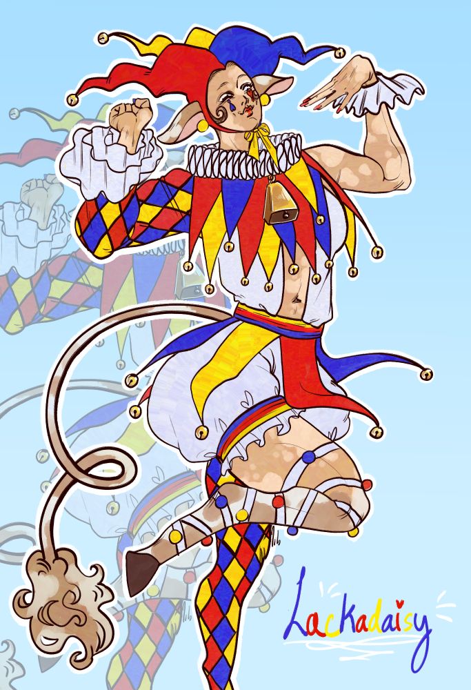 A harlequin jester wearing primary colors, with vitiligo on her skin, cow ears, cow legs, and cow tail. Her name "Lackadaisy" is written in the bottom right in primary colors. 