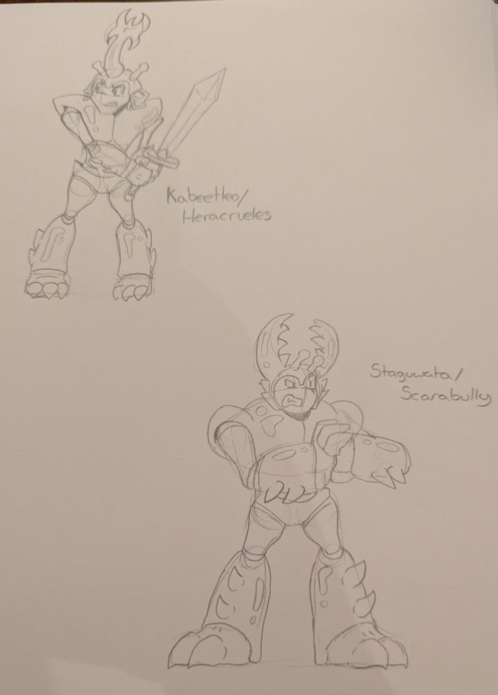 A sketchpage that includes two beetle monsters; one that looks like a rhino beetle in armour, holding a sword, and the other looks like a stag beetle in heavy armour. The rhino beetle has Kabeetleo/Hercrueles written next to it, and the stag beetle has Staguwata/Scarabully written next to it.
