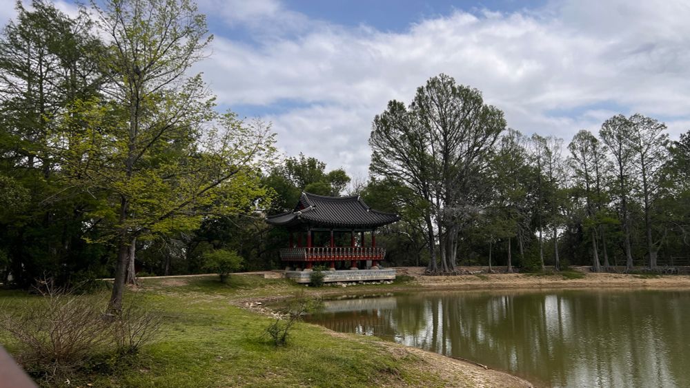 A tranquil scene from Denman Estate Park in San Antonio, Texas. At the center is a traditional Korean-style pavilion with a curved black tiled roof and red columns, located near the edge of a calm pond. The structure is surrounded by a mix of tall trees, some with fresh spring leaves and others still bare, indicating early spring. The pavilion is reflected in the water below, and a dirt path winds behind it, partially hidden by the trees. The sky is mostly cloudy with patches of blue visible, adding to the peaceful, quiet atmosphere of the park. No people are present in the image.