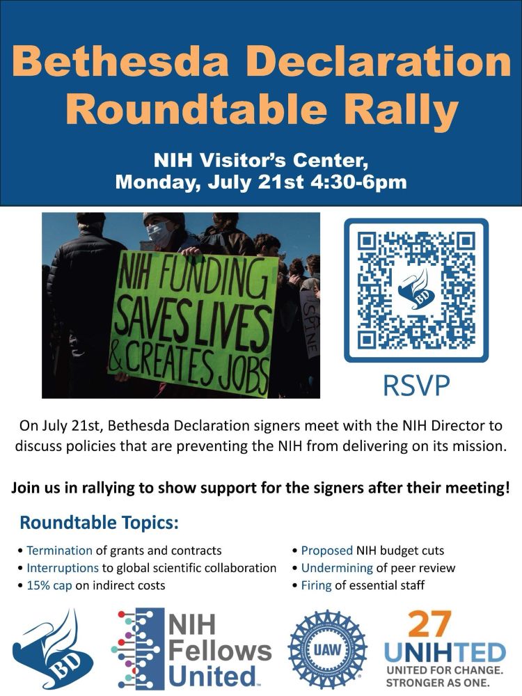 Flyer for Roundtable Rally w QR code to RSVP and a photo of a protester w a sign supportive of NIH. 