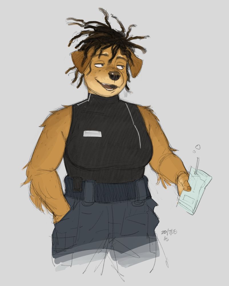 A character from my gn - Jordan Kedzierski, a golden retriever and Londoner. She’s got a square build, freckles, and dreads done up loosely on top of her head. 