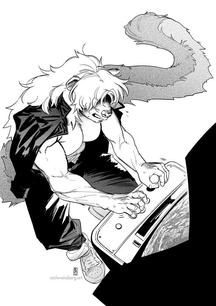 A muscular anthro skunk with a long tail playing Street Fighter 3 Third Strike on an arcade cabinet. They're wearing a Japanese delinquent getup. thanks again, Adrian!