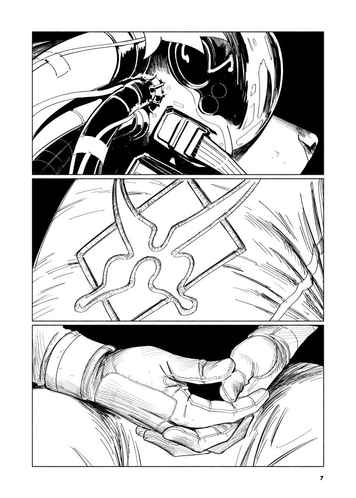 Black and white comic page with three panels showing a closeup of Sonny wearing a helmet, a patch on his sleeve, and his hands folded in his lap.