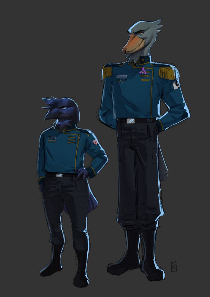 A drawing of two characters from my comic. Kurokawa (left) is a fairly short Australian raven. Faust (right) is a very tall shoebill. Both wear ISAP military uniforms. Faust has a fresh orchid bloom pinned to his lapel.