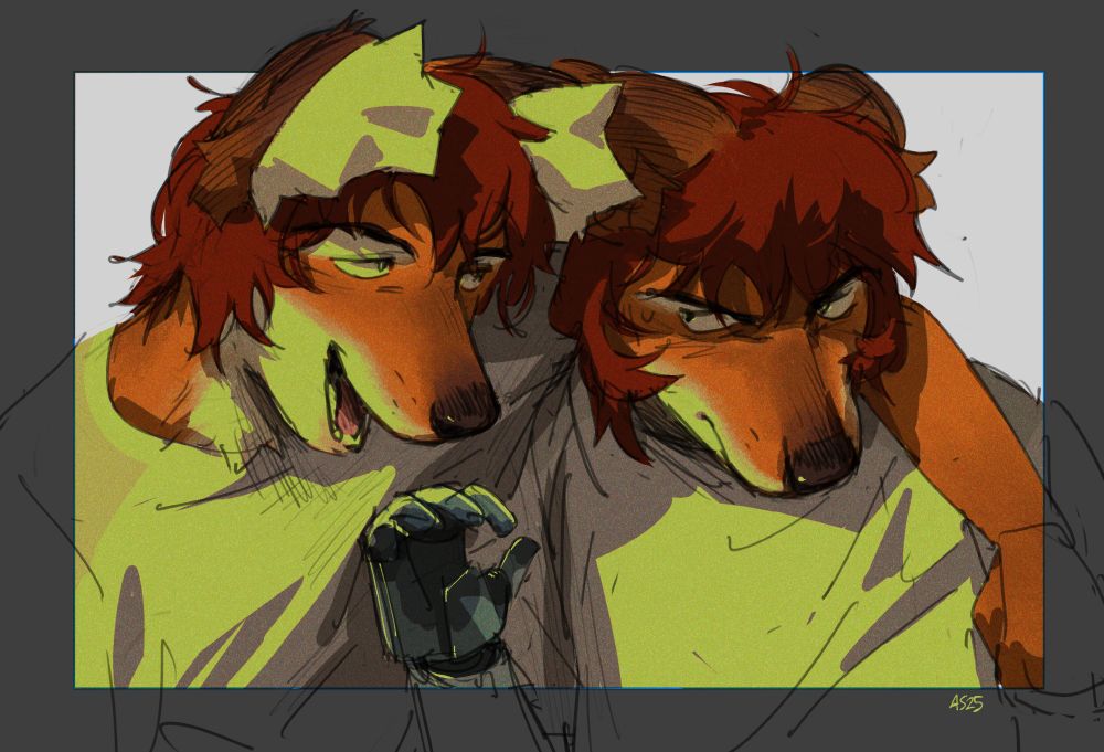 a sketch of two Sonnys - the one on the left drapes his arm playfully over the shoulders of the right, who pushes him away with a prosthetic hand, looking peeved. from my webcomic WYVERN