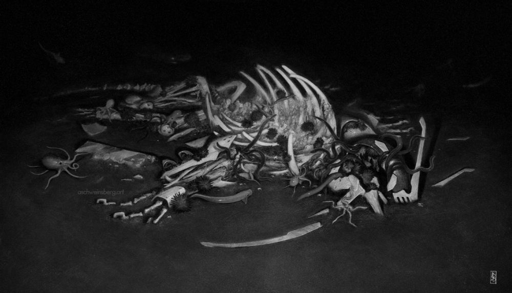 Digital painting of the mech from my graphic novel, the Wyvern, lying on a dark seafloor. The remains of its biomechanically engineered body are being broken down by deep sea scavengers such as octopi, hagfish, sea urchins, bristle stars, crabs, fish, and carpets of microorganisms. Pieces of armour plating lay scattered around it. 