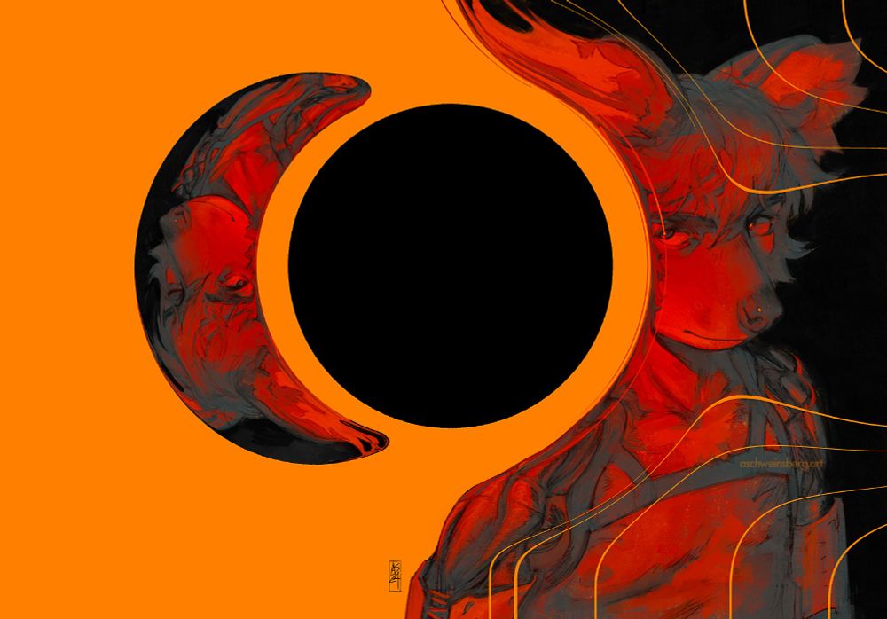 A painting of a black hole superimposed over the protagonist from my comic, Sonny, against a yellow/black field. A stylised gravitational lensing effect distorts his image and casts a flipped reflection. Sonny looks seriously at the viewer, however, his reflection smiles.