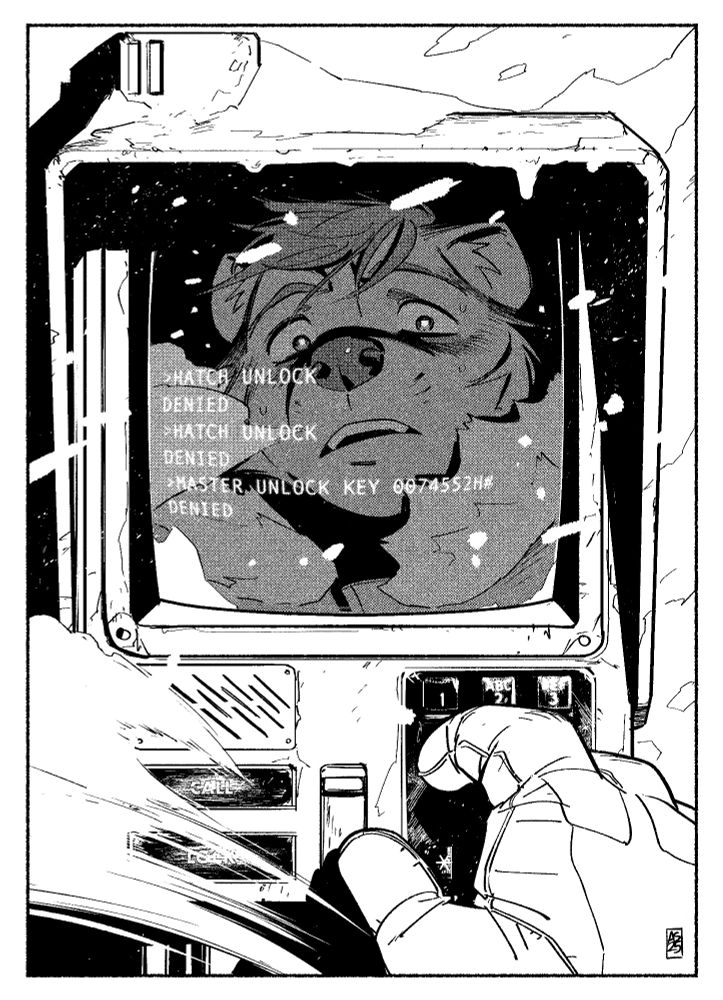 Illustration of a scifi door terminal. The face of an anthro pine marten can be seen in the reflection of its small screen, showing a sort of dawning horror. Snow and condensed breath gusts around him. Thanks Alex!