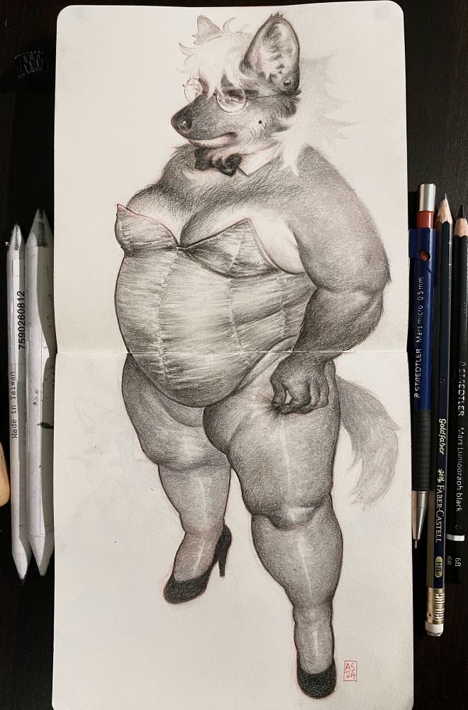 My fursona Tower, a fat maned wolf, wearing a playboy bunny outfit (minus the ears). He picks at his tights, looking unimpressed.