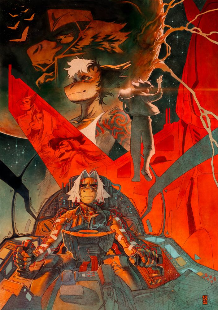 Digital illustration the style of box/poster art, using a sort of graphite + watercolour approach in CSP. Several members of a furry-adjacent alien species are featured. 

Up front, Io sits in the cockpit of a space fighter, clutching the controls and staring up over the camera with a terrified yet determined expression. The red silhouette of the space fighter, Imago, divides the space behind Io. Three more characters are framed inside the left wing. To the right, a silhouette of a figure waves a salute as they walk away, pilot helmet over one shoulder. 

The second protagonist, Arien, strikes a pose in the middle with a wild expression. She's got a red and black tattoo covering bare scar tissue on most of her shoulder and arm. 

THEN we've got a nasty looking planet-sized object dominating the top of the image. Its fleshy tendrils invade the composition. The side profile of a stern CO sits inside the world-ending space blob. Finally, some little flying enemies zoom out of the top left corner. Behind everyone is the vacuum of space, stars shining.
