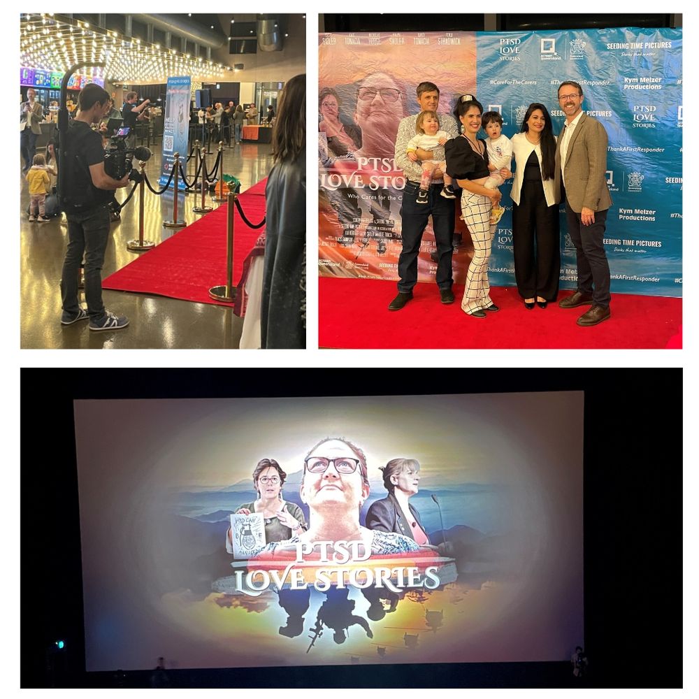 Photo montage from film premier. Photo 1: steadicam operator filming the red carpet. Photo 2: Group of people posing on the red carpet. One of the people is Arun Ketsirat, Director, Producer and Cinematographer. Photo 3: Shot of the title screen.  It has closeups of 3 women's faces and the words read 'PTSD Love Stories'.