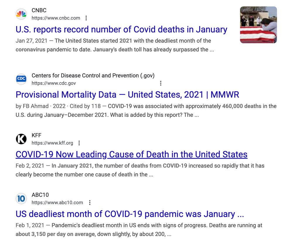 The first four results of a Google search for "Covid deaths January 2021" are news stories. Sample: "in January 2021, the number of deaths from COVID-19 increased so rapidly that it has clearly become the niumber one cause of death in the ..."