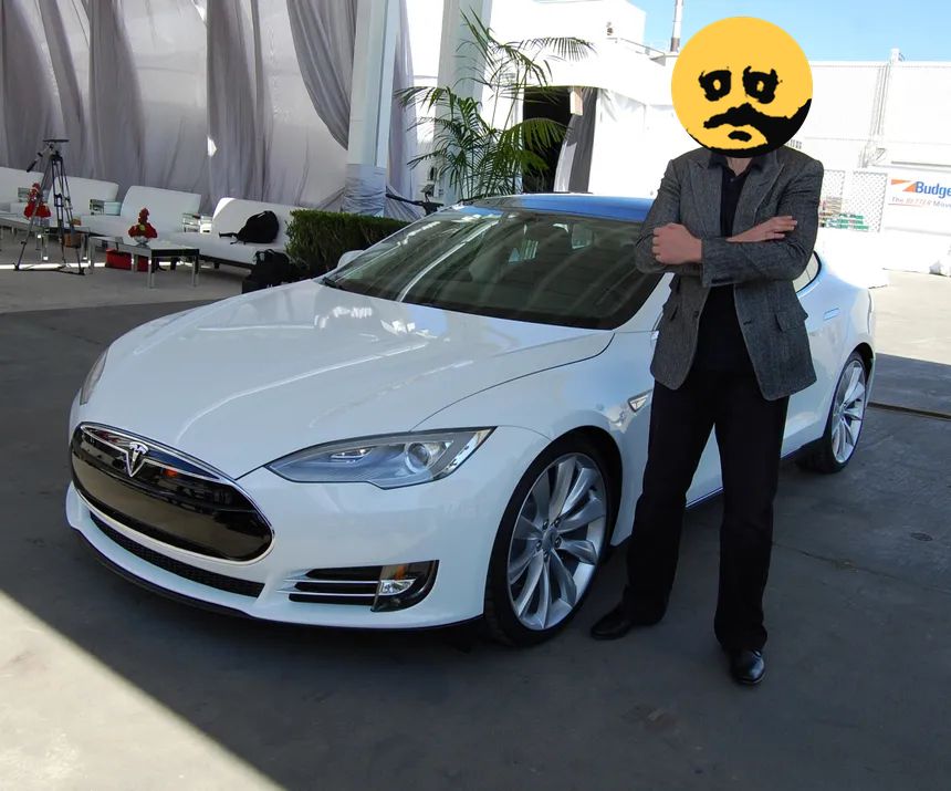 elon musk in front of a Tesla but face is replaced by a husk (yellow face frowning) emoji
