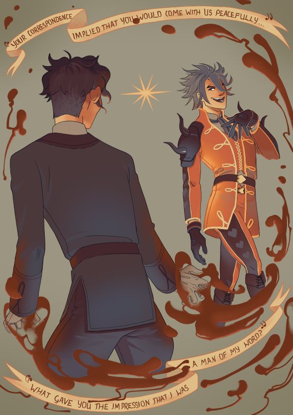Hubert von Vestra and Ainosuke Shindo circling each other. Banner above Hubert reads: "Your correspondence implied that you would come with us peacefully..." and Ainosuke's response: "What gave you the impression that I was a man of my word?"