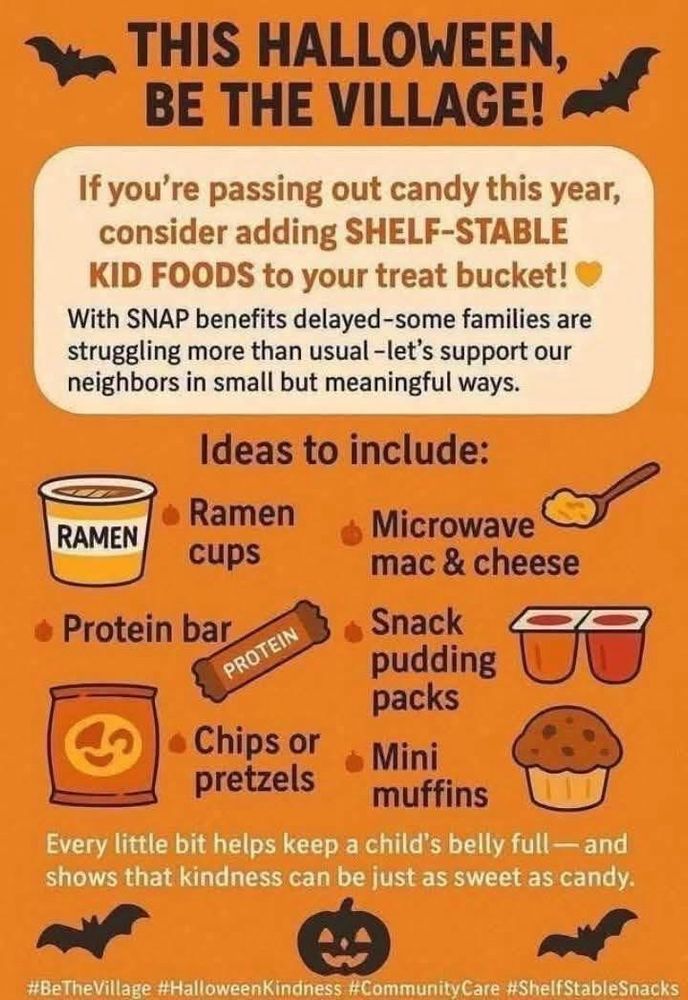 A flyer I saw online about handing out kid snacks because SNAP is ending for Halloween.