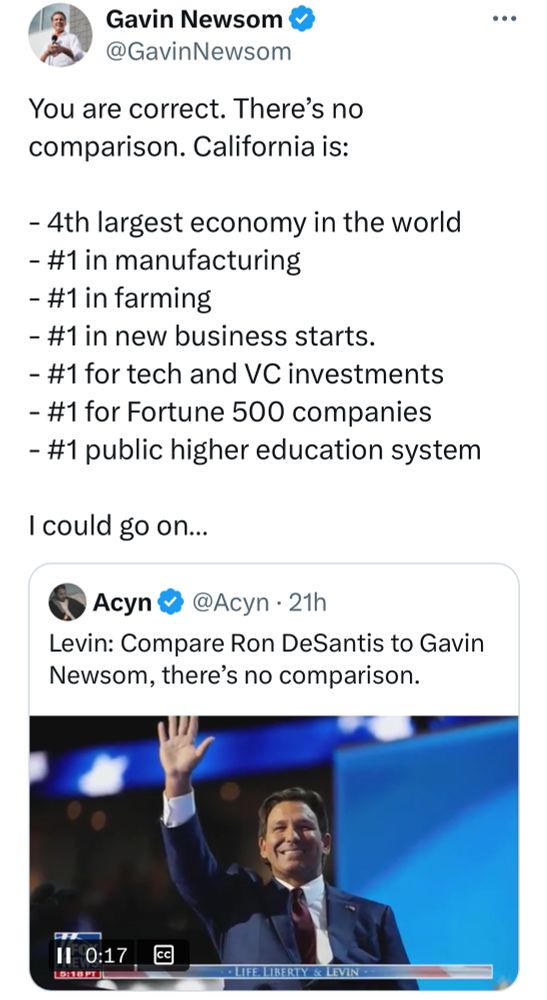 Gavin Newsom & @GavinNewsom You are correct. There's no comparison. California is: - 4th largest economy in the world - #1 in manufacturing - #1 in farming - #1 in new business starts. - #1 for tech and VC investments - #1 for Fortune 500 companies - #1 public higher education system I could go on... Acyn @Acyn • 21h Levin: Compare Ron DeSantis to Gavin Newsom, there's no comparison. ... HI 0:17 LIFE, LIBERTY & LEVIN