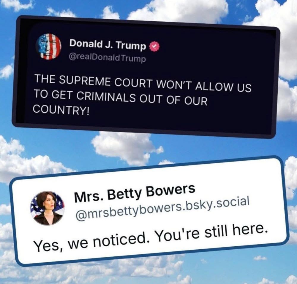 Donald J. Trump
@realDonald Trump
THE SUPREME COURT WON'T ALLOW US TO GET CRIMINALS OUT OF OUR COUNTRY!

Mrs. Betty Bowers
@mrsbettybowers.bsky.social
Yes, we noticed. You're still here.